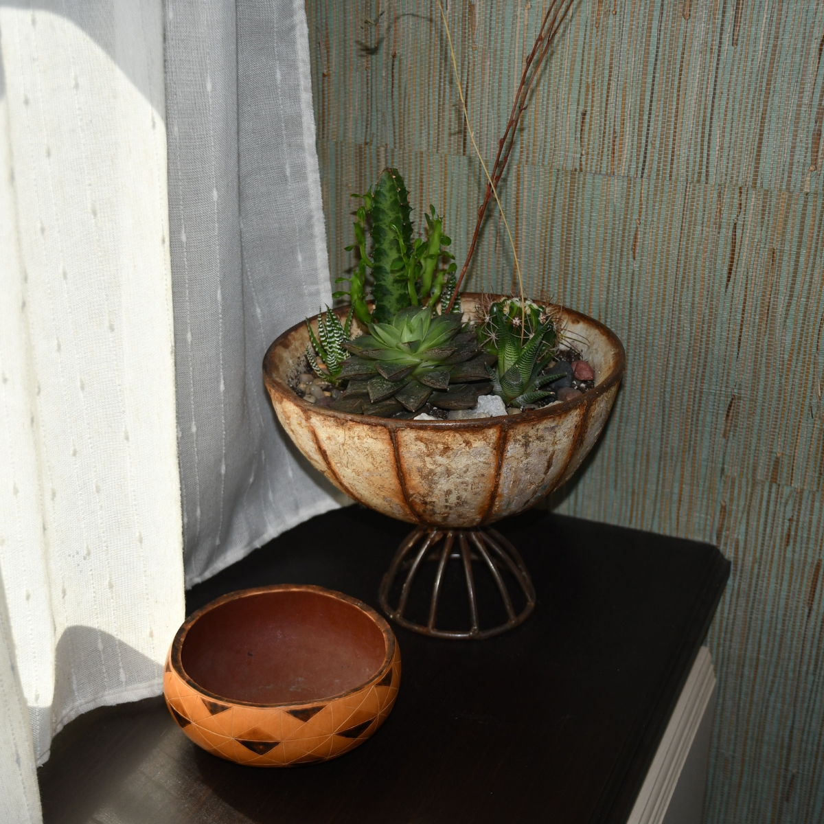 succulents and cactus in a metal and mixed media fruit bowl near a small wooden bowl.