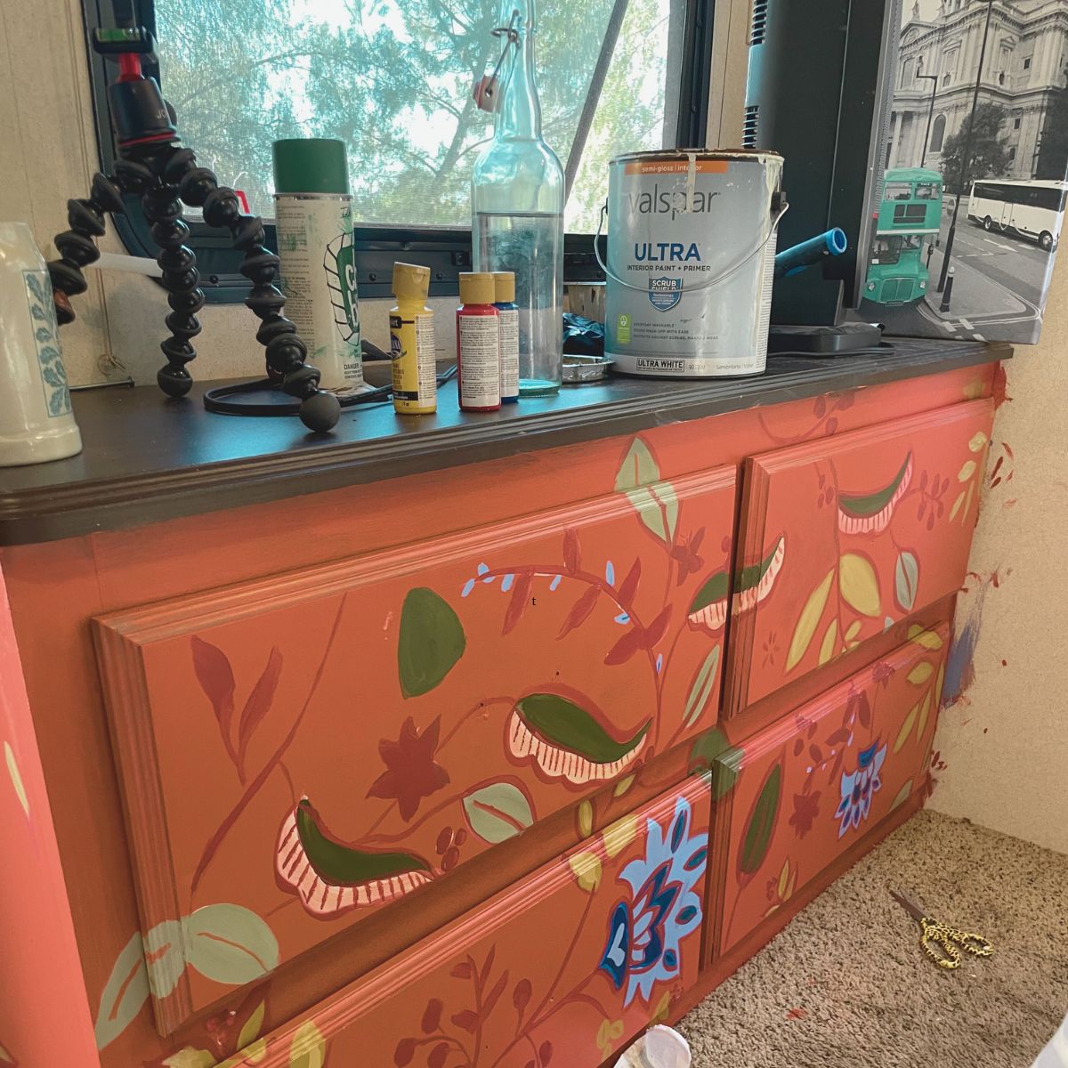 mural on travel trailer bedroom cubbards in salmon color